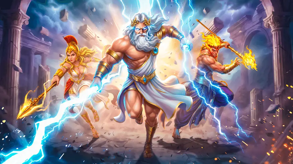 Zeus leading Greek gods into battle, artwork from Pragmatic Play's Greek gods slots